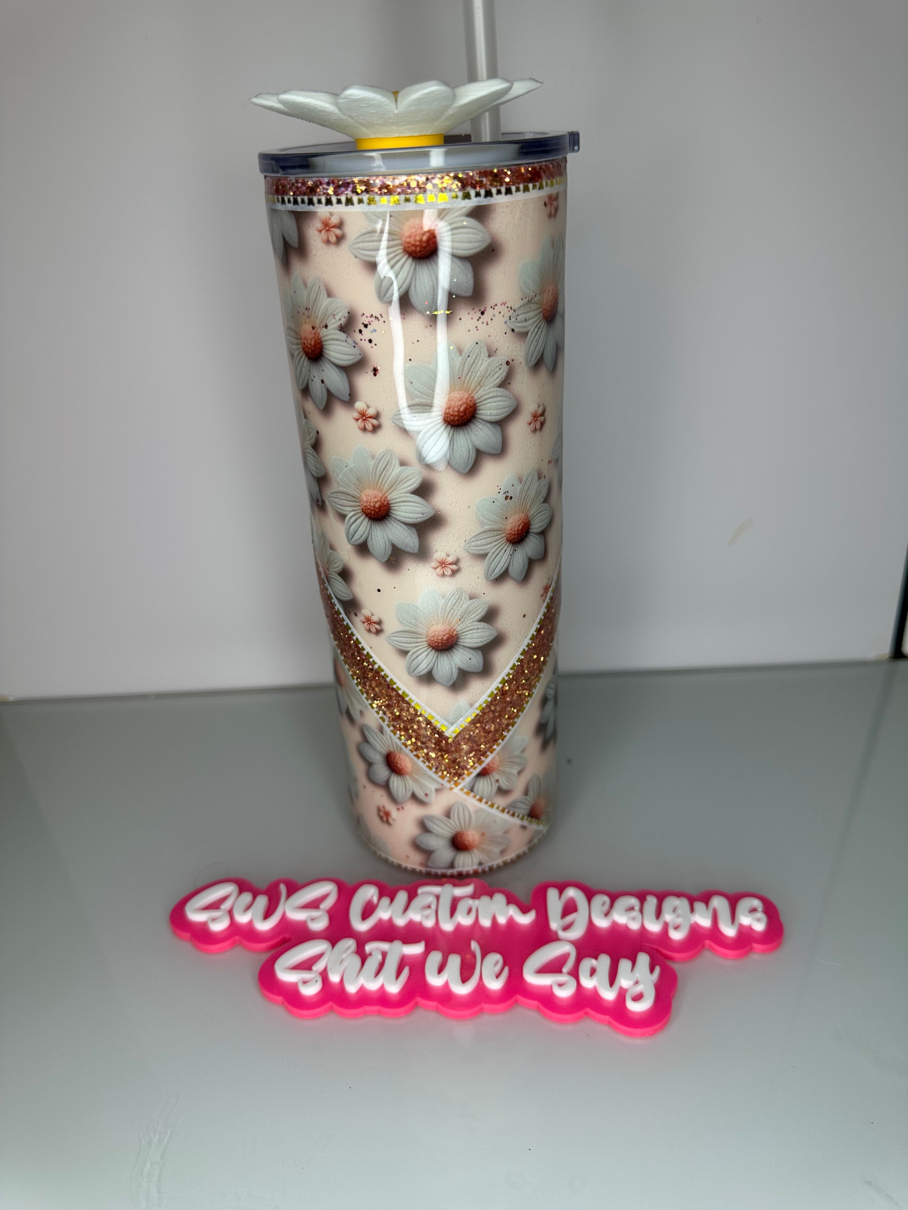 20 oz Tumbler with Daisy theme and custom Daisy lid