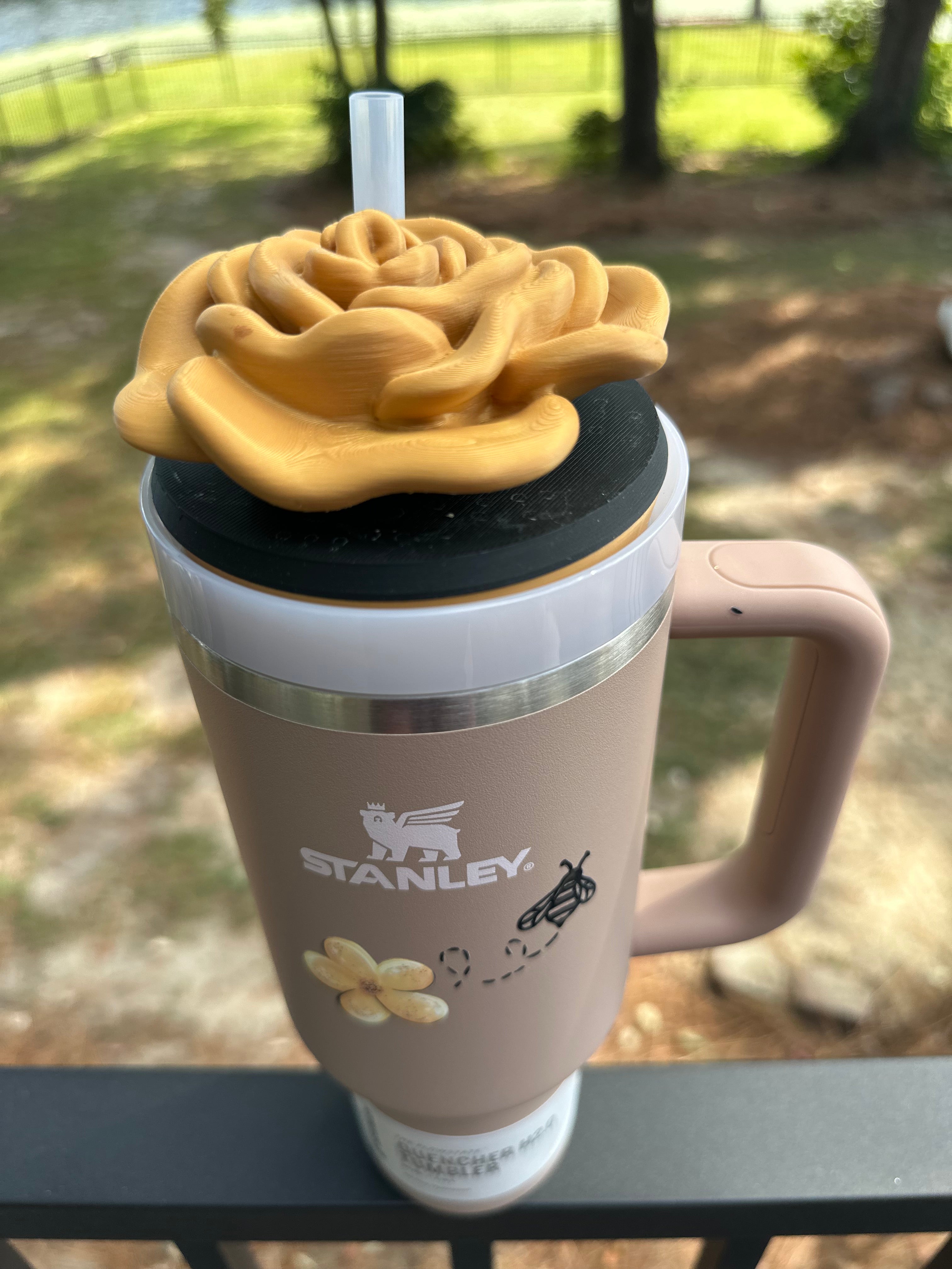 40 oz Tan Stanley with Honey theme and Honey Tumbler Topper Rose
