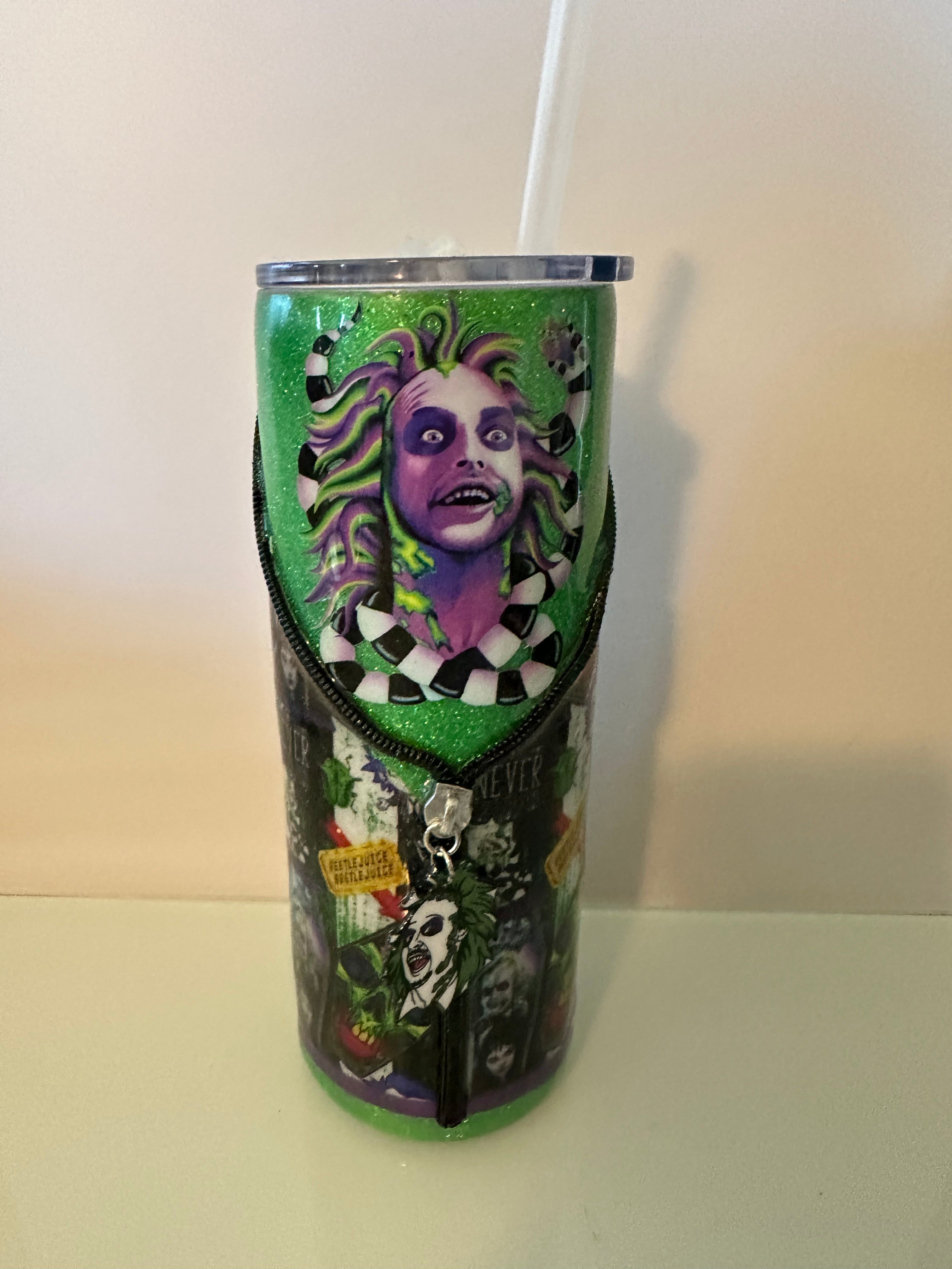 20 oz Beetlejuice tumbler with zipper