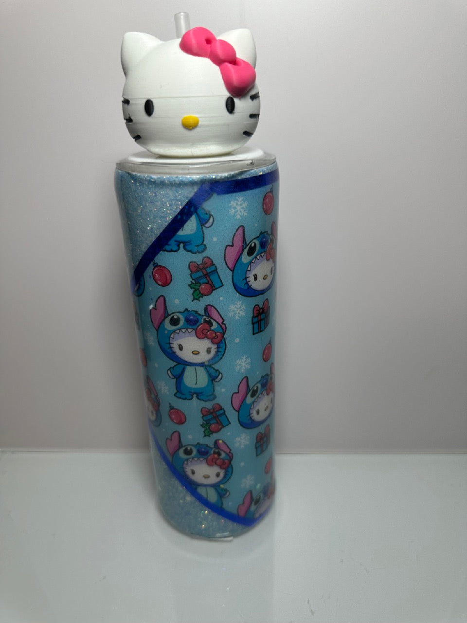 24 oz Blue HK Christmas Tumbler with kitty head Tumbler Topper