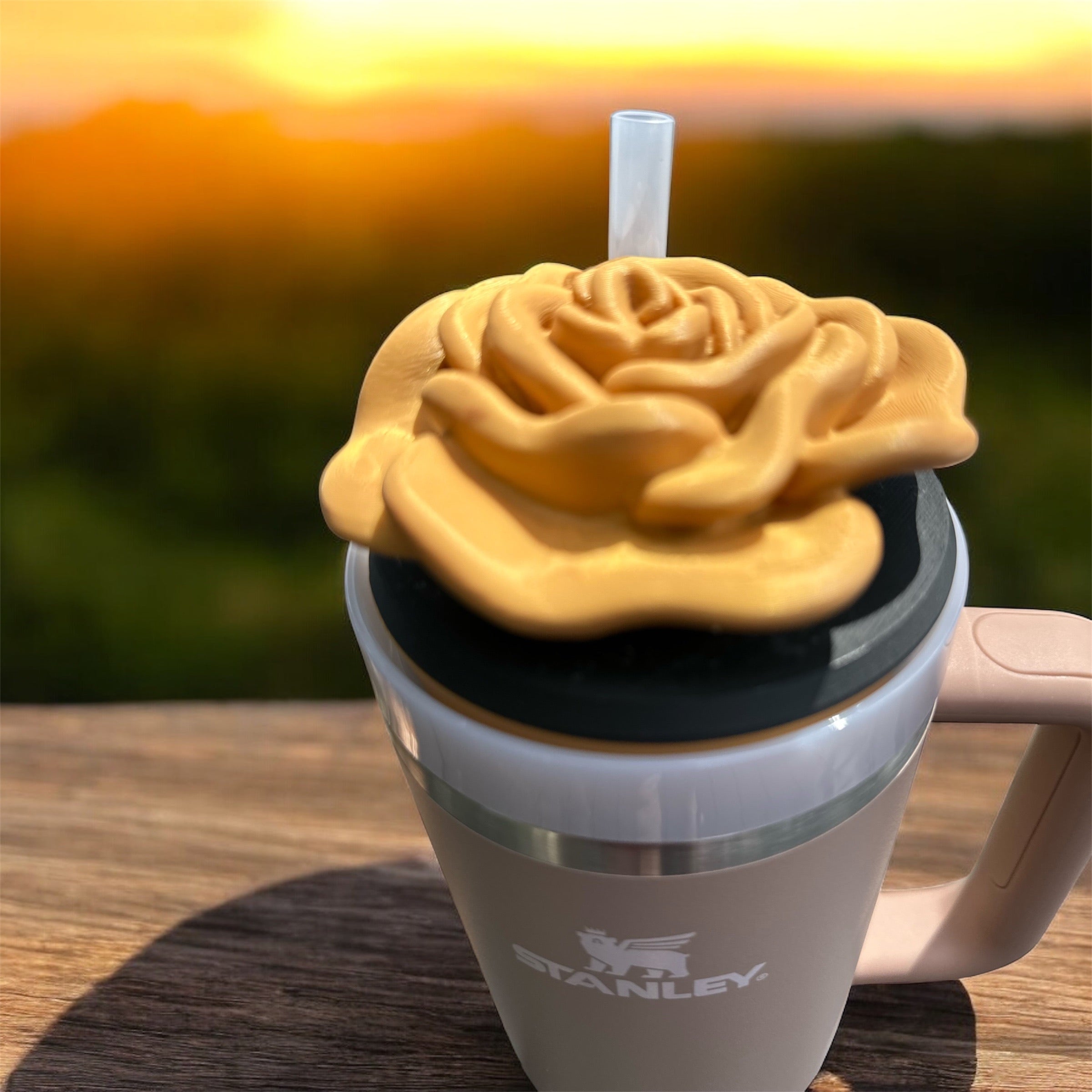 40 oz Tan Stanley with Honey theme and Honey Tumbler Topper Rose