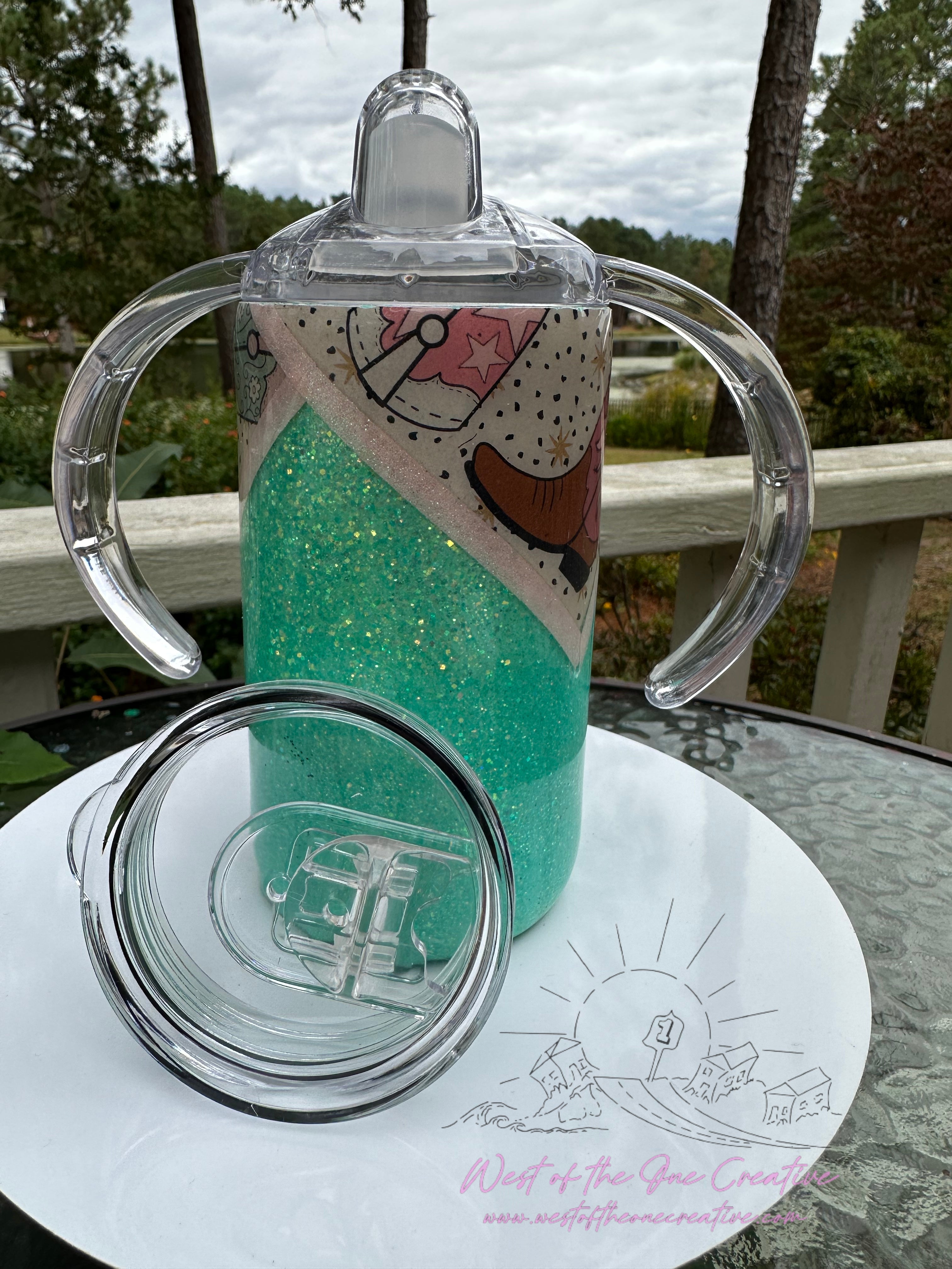 12oz Sippy Cup in Mint with Cowboy Boot decor