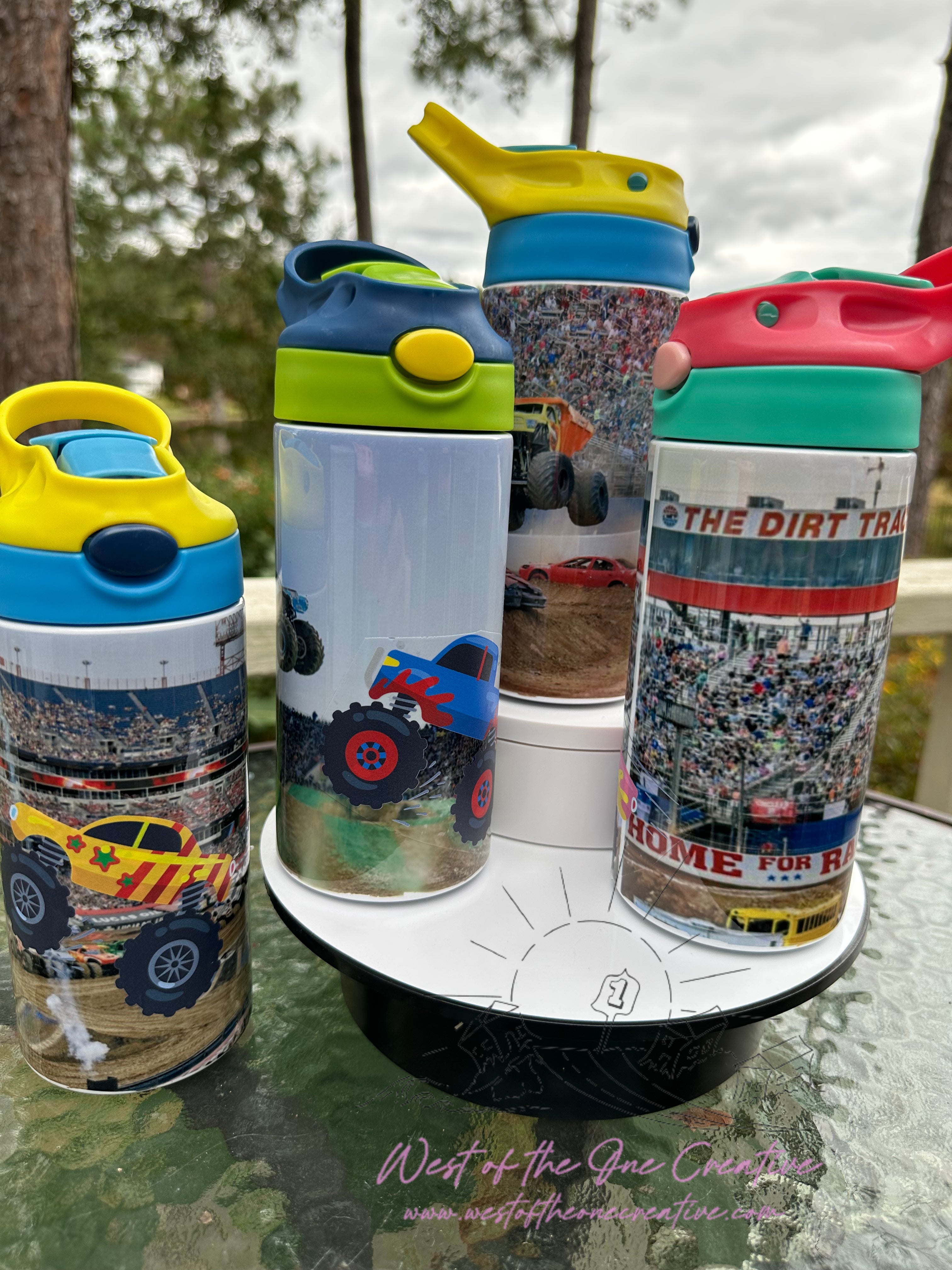 12oz Water bottles for kids - CareBears, Monster Trucks and a cute little tree dude...