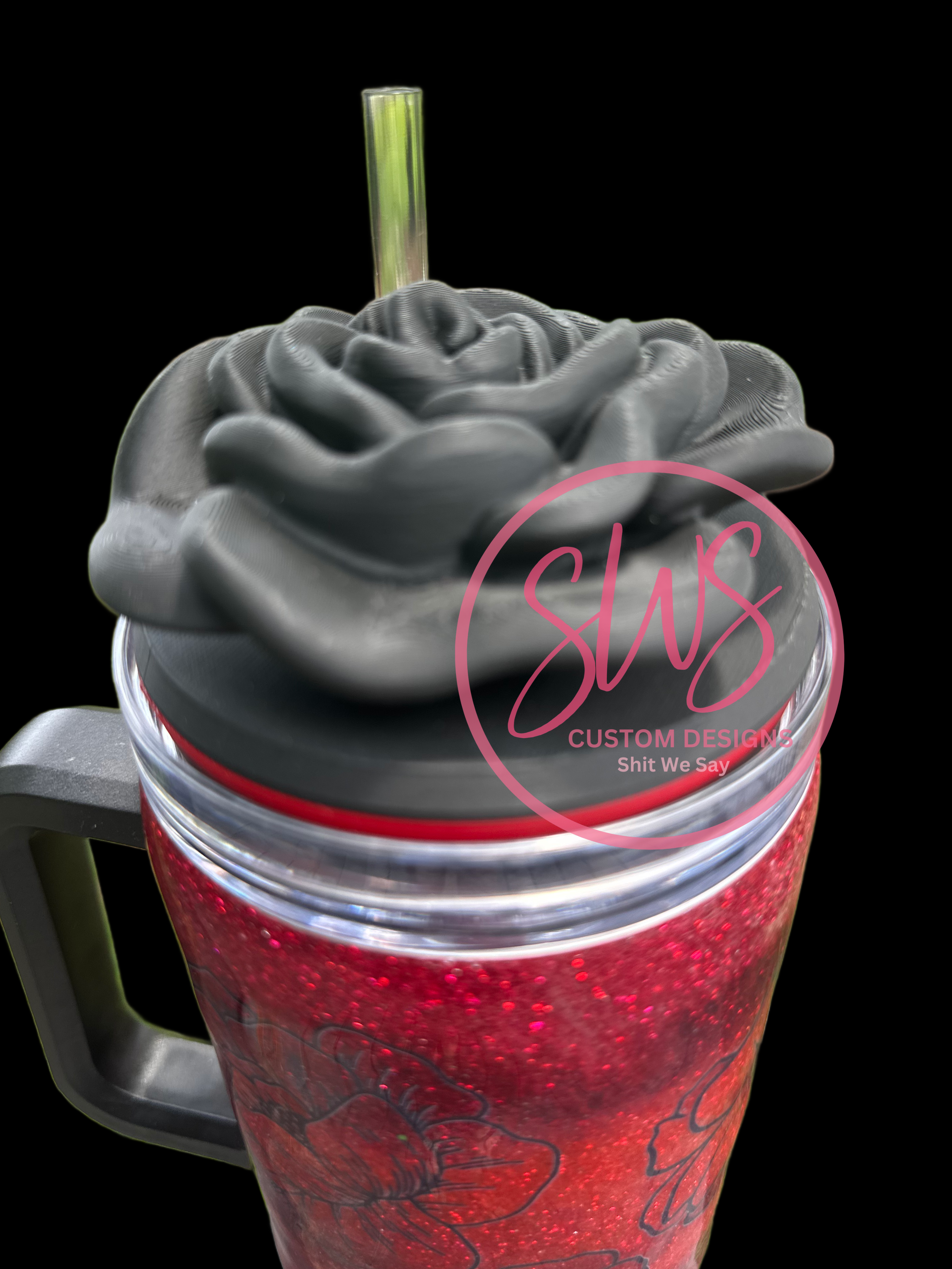 40 oz Tumbler Blood Red Flowers with Black Rose Tumbler Topper