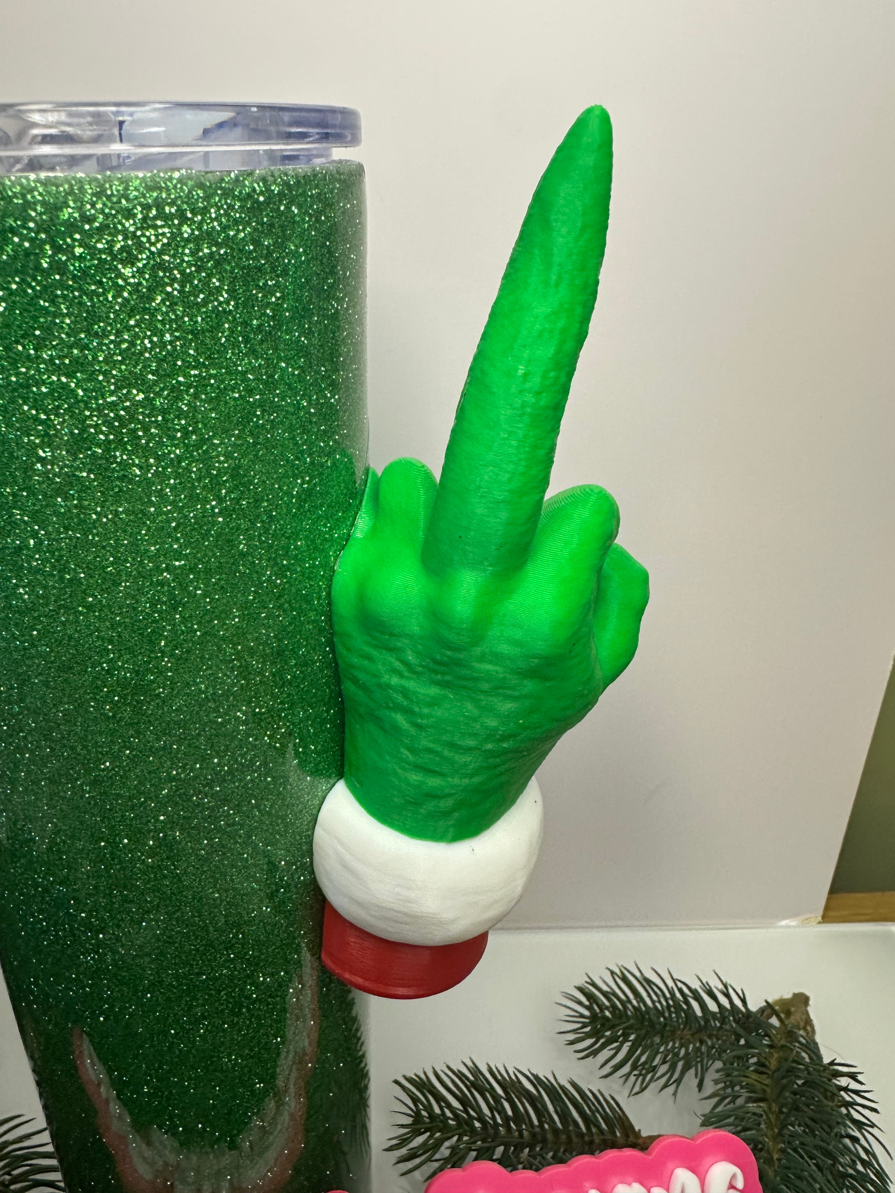 Tumbler Garnish: Green Christmas Guy Middle Finger