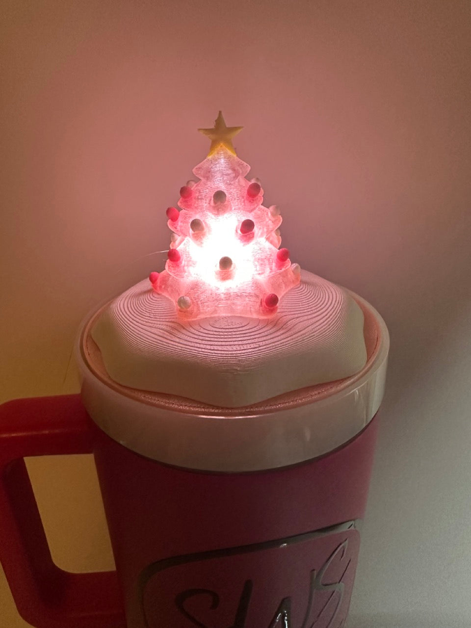 Tumbler Topper: Christmas Tree with Snow LIGHTS UP Green, Pink and Purple available!