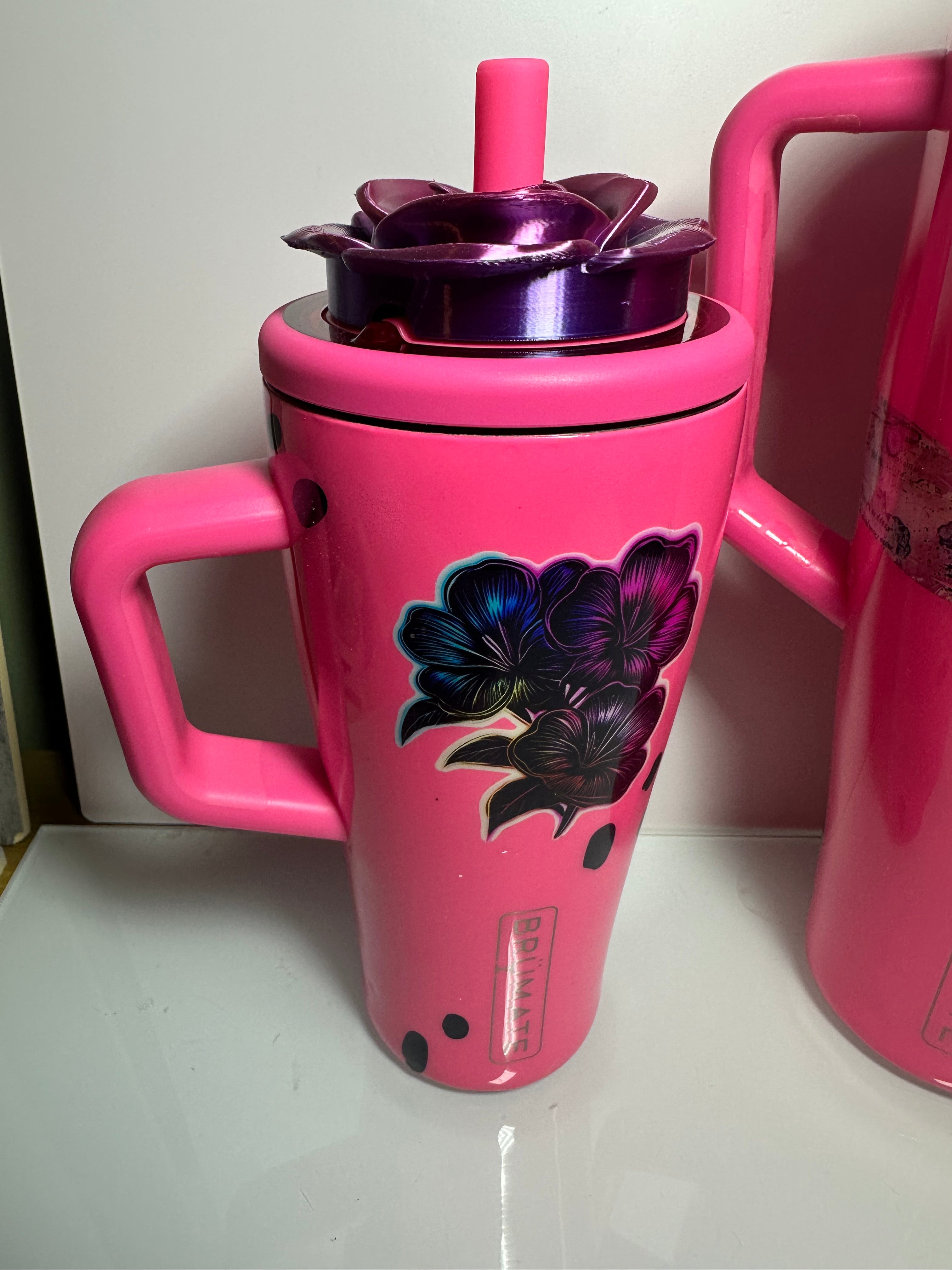 20 oz Brumate Era Pink tumbler with flower decor and a rose Tumbler Topper