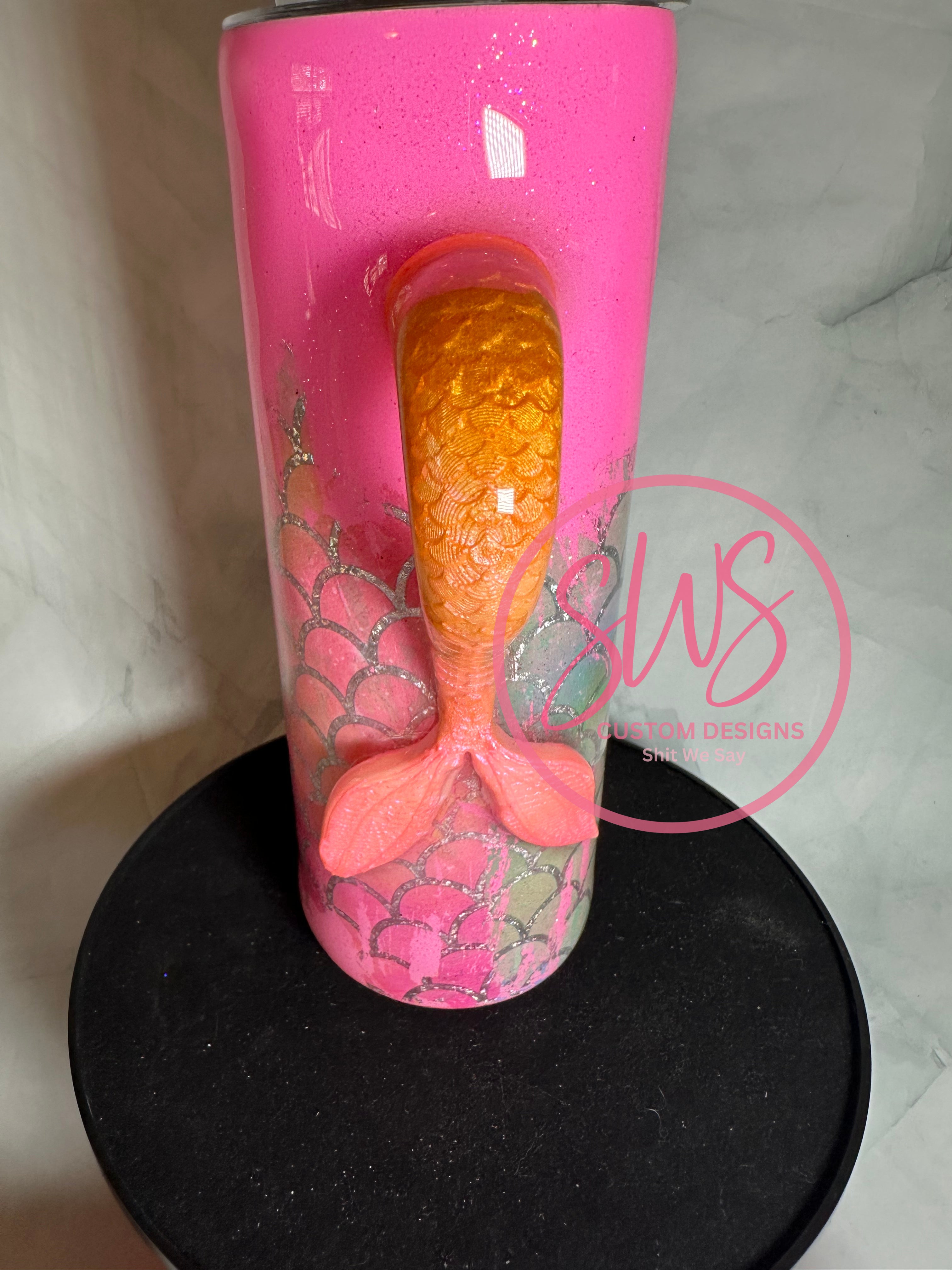 20 oz Mermaid Tail scales on pink tumbler