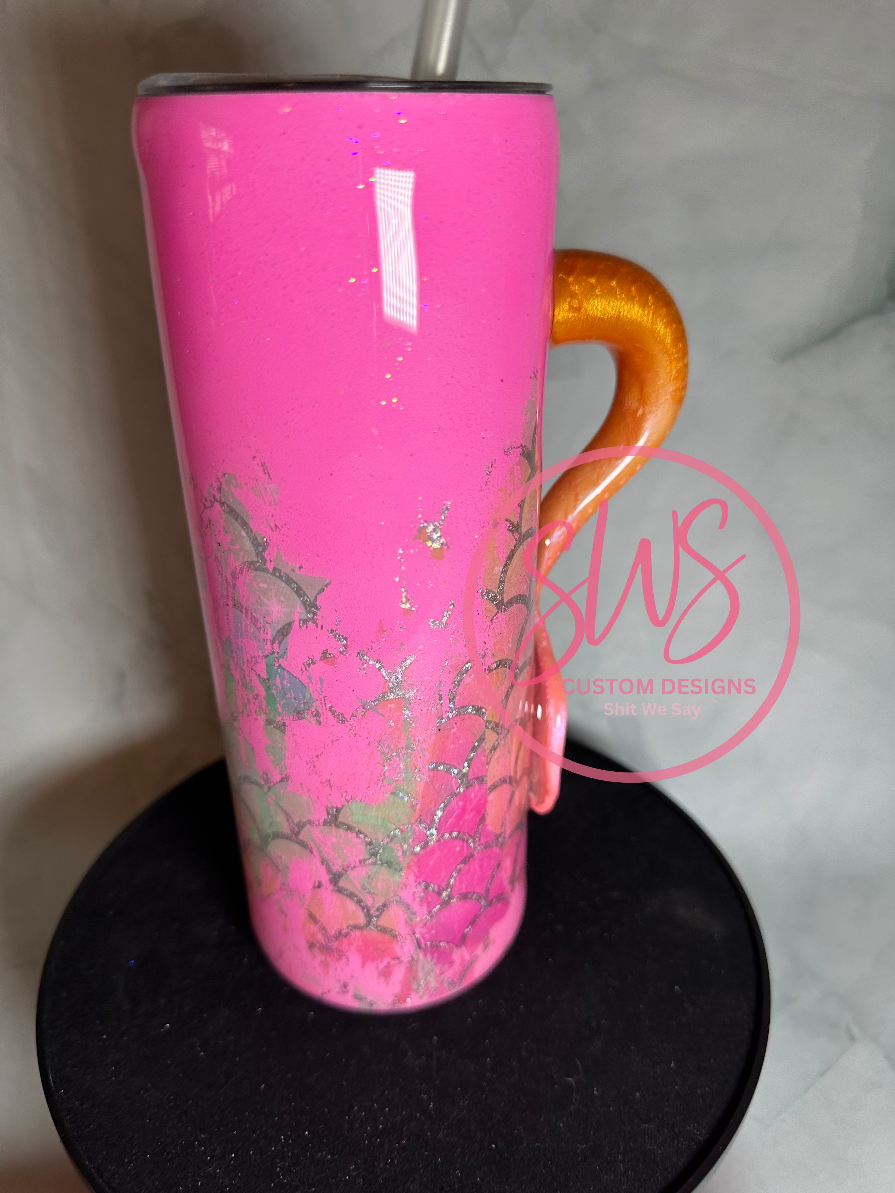 20 oz Mermaid Tail scales on pink tumbler